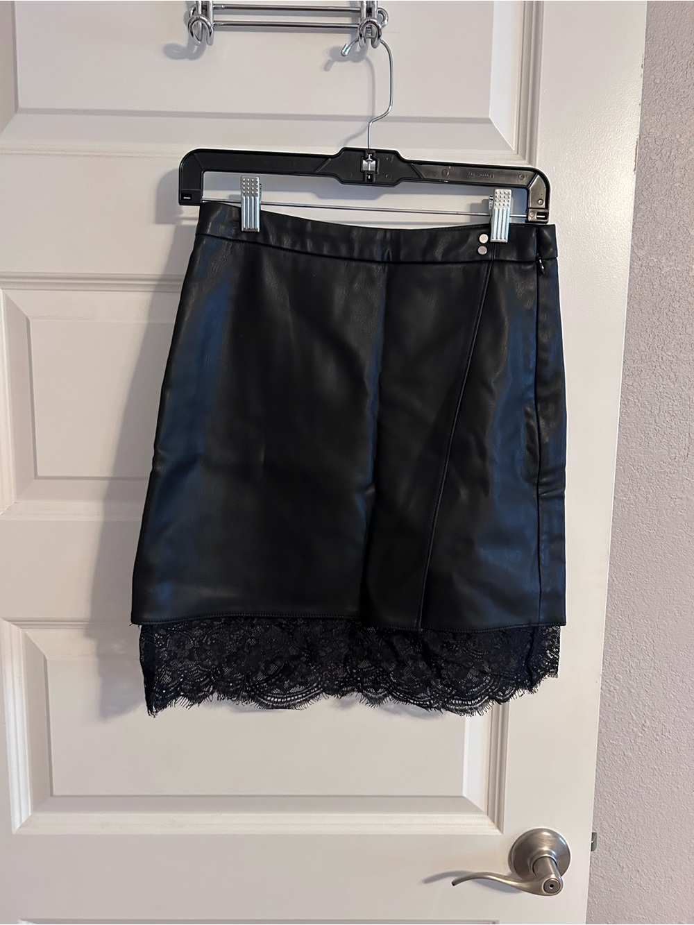 Decree Black Faux Leather Mini Skirt with Lace Trim